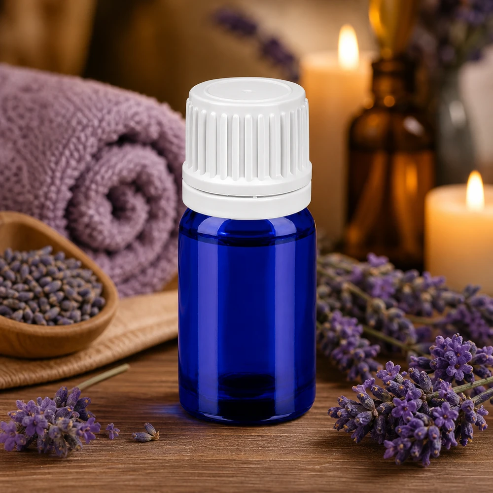 Elegante flacone blu da 5 ml con tappo bianco per principi attivi altamente concentrati