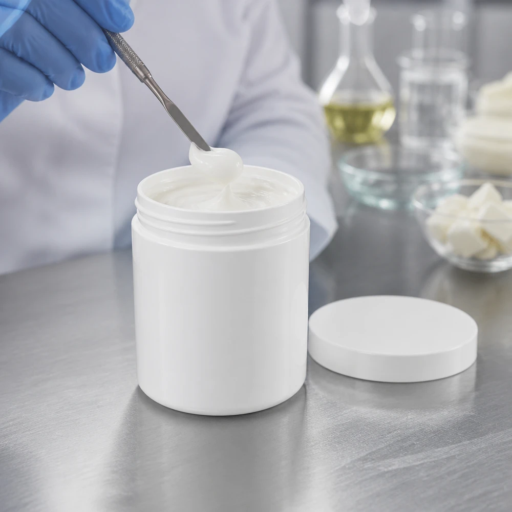 Petit récipient : pot à pommade de 50 g, blanc, avec couvercle séparé, posé sur un plan de travail en acier inoxydable dans une salle blanche