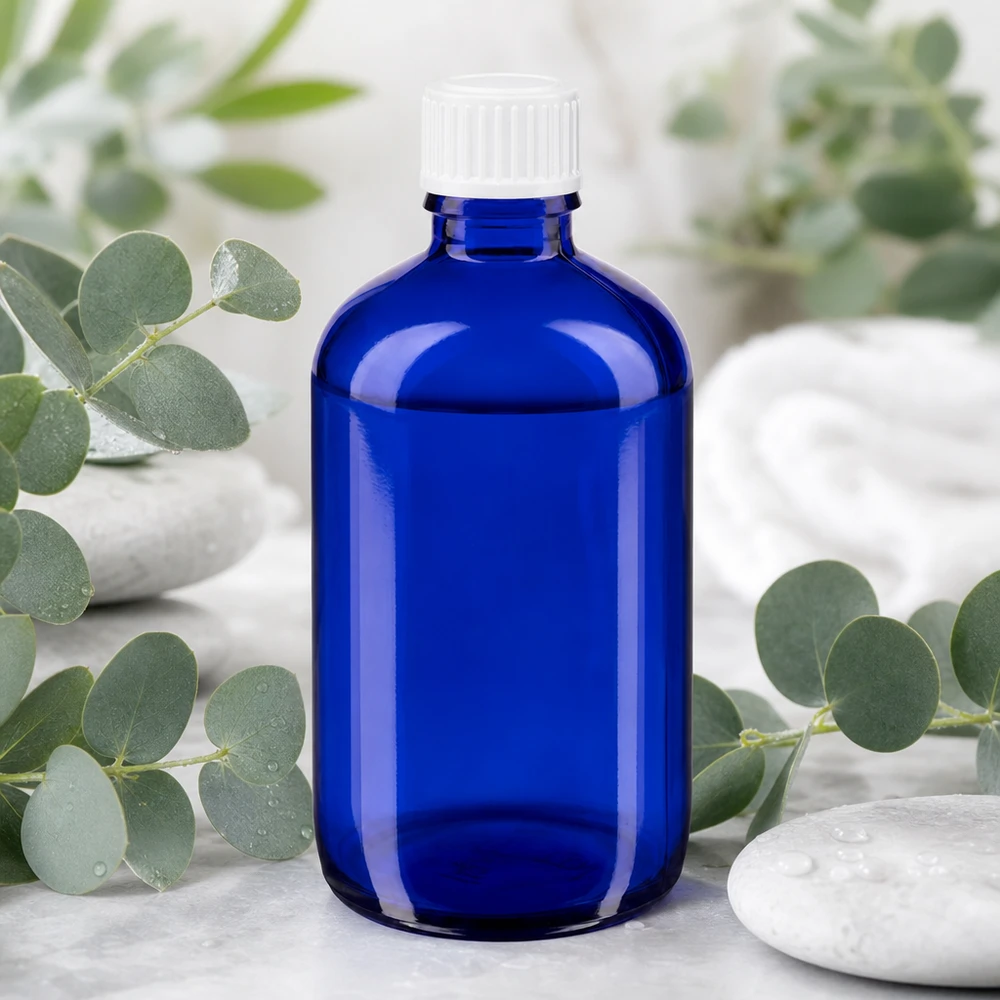 Apothekenflasche blau 100ml Schraubverschluss weiß Standard Blaue Apothekerflasche Glas 100ml lichtgeschützt ideal für Öle und Tinkturen