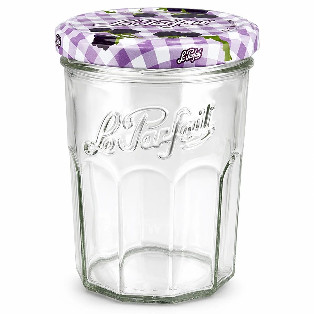 Le Parfait® Jam 385 ml Ø82 mm vaso marmellata Bicchieri Le Parfait da 385 ml con coperchio a vite a scacchi viola per marmellata e conserve in vetro trasparente