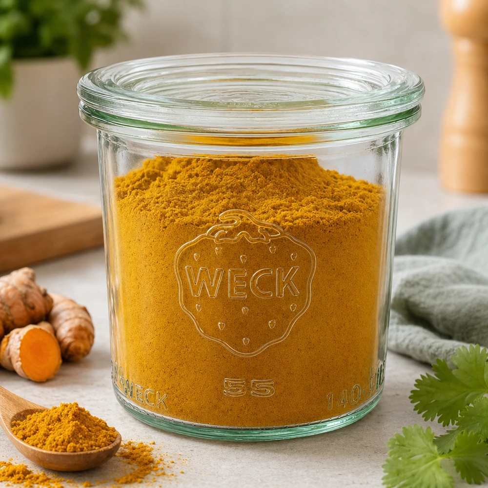 WECK Sturzglas 140ml RR60 mit Kurkumapulver gefüllt zeigt Verwendung als Gewürzglas neben frischem Kurkuma