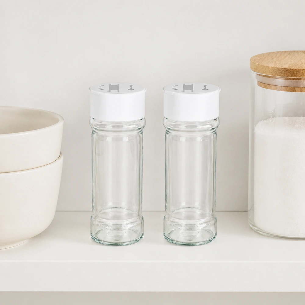 Pot à sel/épices 100 ml avec double saupoudreuse, blanc Zylindrisches Gewürzglas 100ml aus Klarglas mit weißem Streuerdeckel im Landhaus-Stil