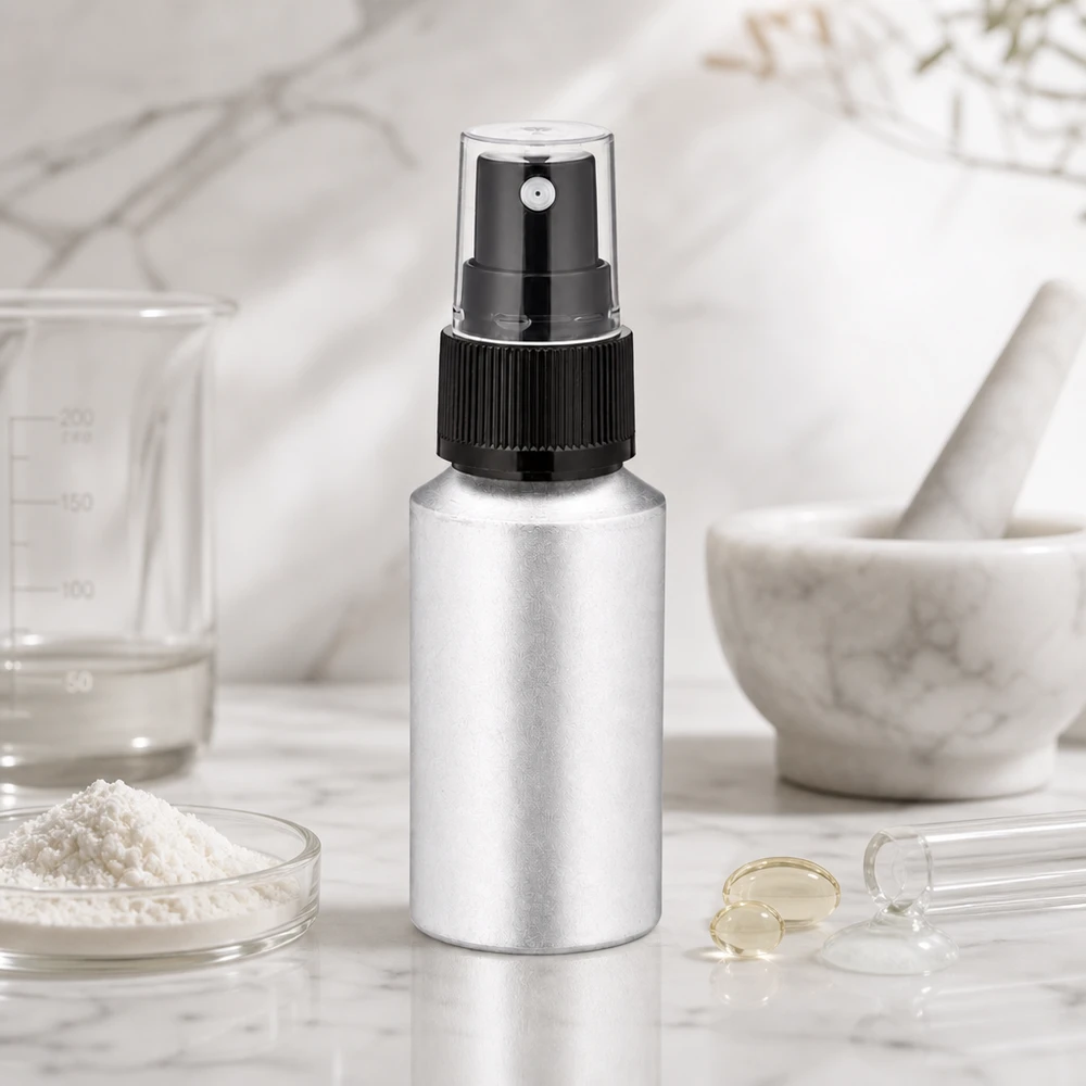 Leggero flacone spray in metallo da 30 ml con nebulizzatore ergonomico per un dosaggio preciso