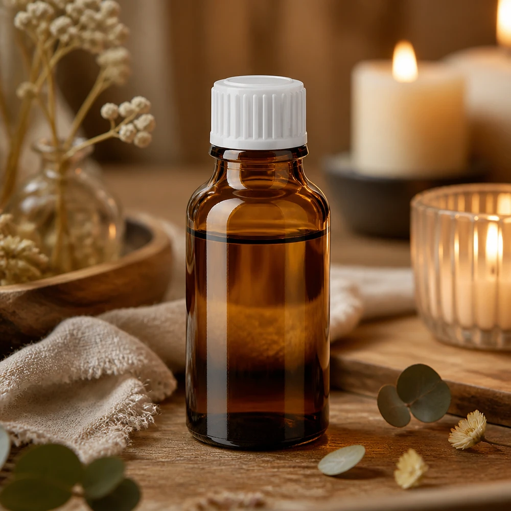 Apothekenflasche braun 20ml Schraubverschluss weiß Standard 20ml Rundflasche Braunglas mit weißem SV STD auf rustikalem Holztablett zwischen getrockneten Blumen