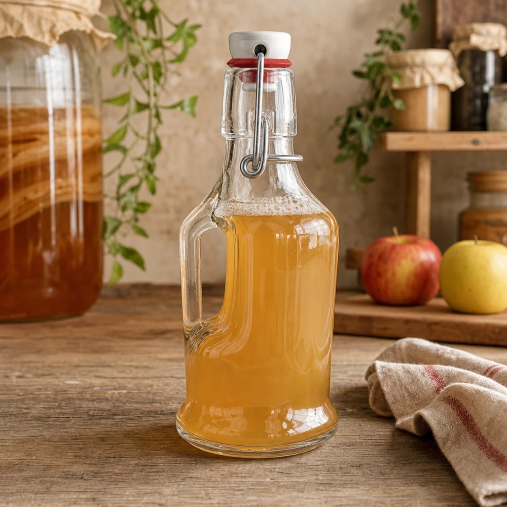 Bottiglia in vetro da 200 ml Bertha e tappo a clip in porcellana UNiTWIST® Bottiglia di vetro UNiTW Bertha 200ml riempita di succo di mela in una cucina rustica accanto a delle mele dettaglio dell'altalena