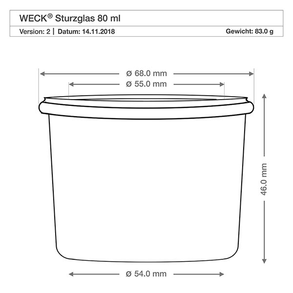 Set di 48 tumbler Weck da 80 ml Disegno tecnico dei tumbler WECK 80ml RR60 con dimensioni e specifiche per cucina e magazzino
