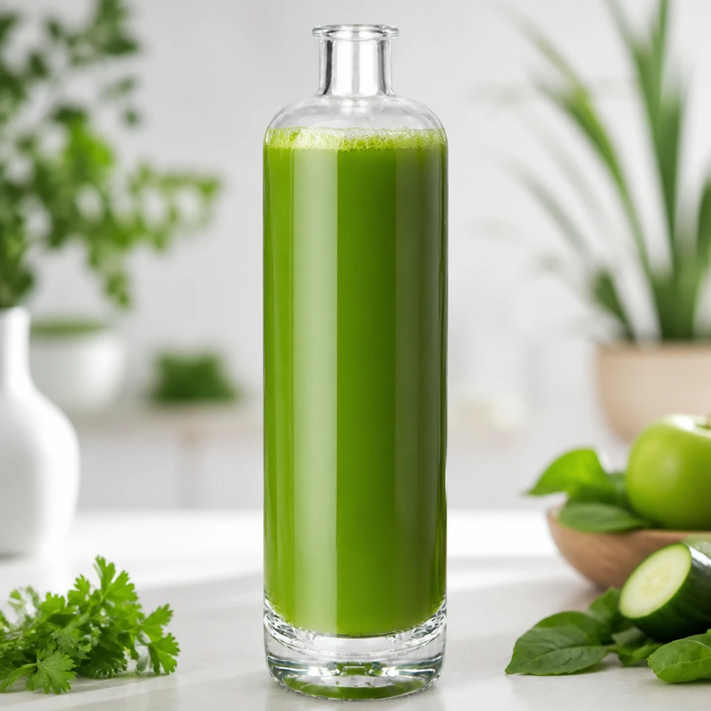 Bottiglia di vetro da 700 ml di Ella riempita di frullato verde in cucina decorata con erbe e verdure fresche
