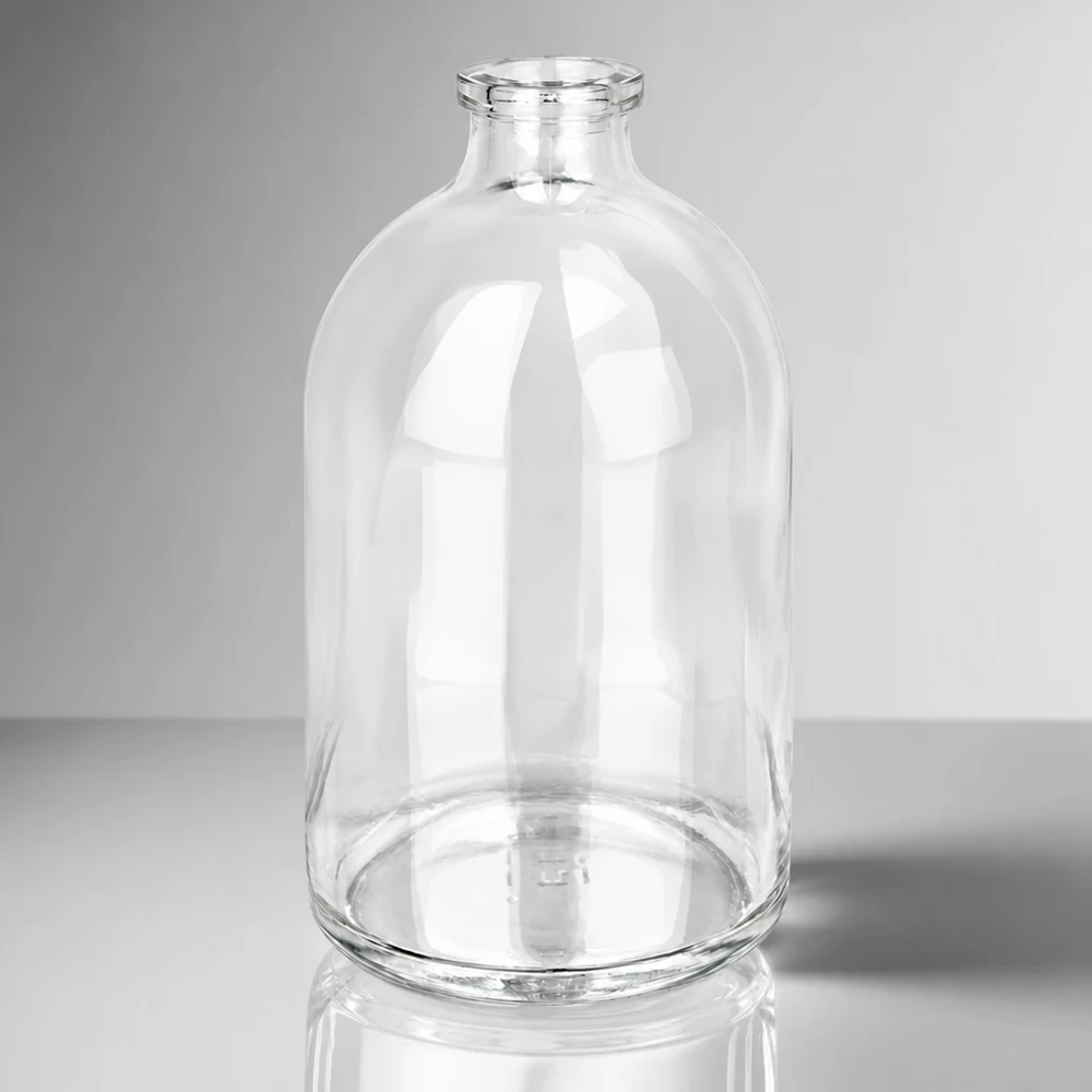Flacone per iniezione in vetro trasparente 100ml Zylindrische Pharmaglasflasche 100ml mit geradem Standring und konisch zulaufendem Hals
