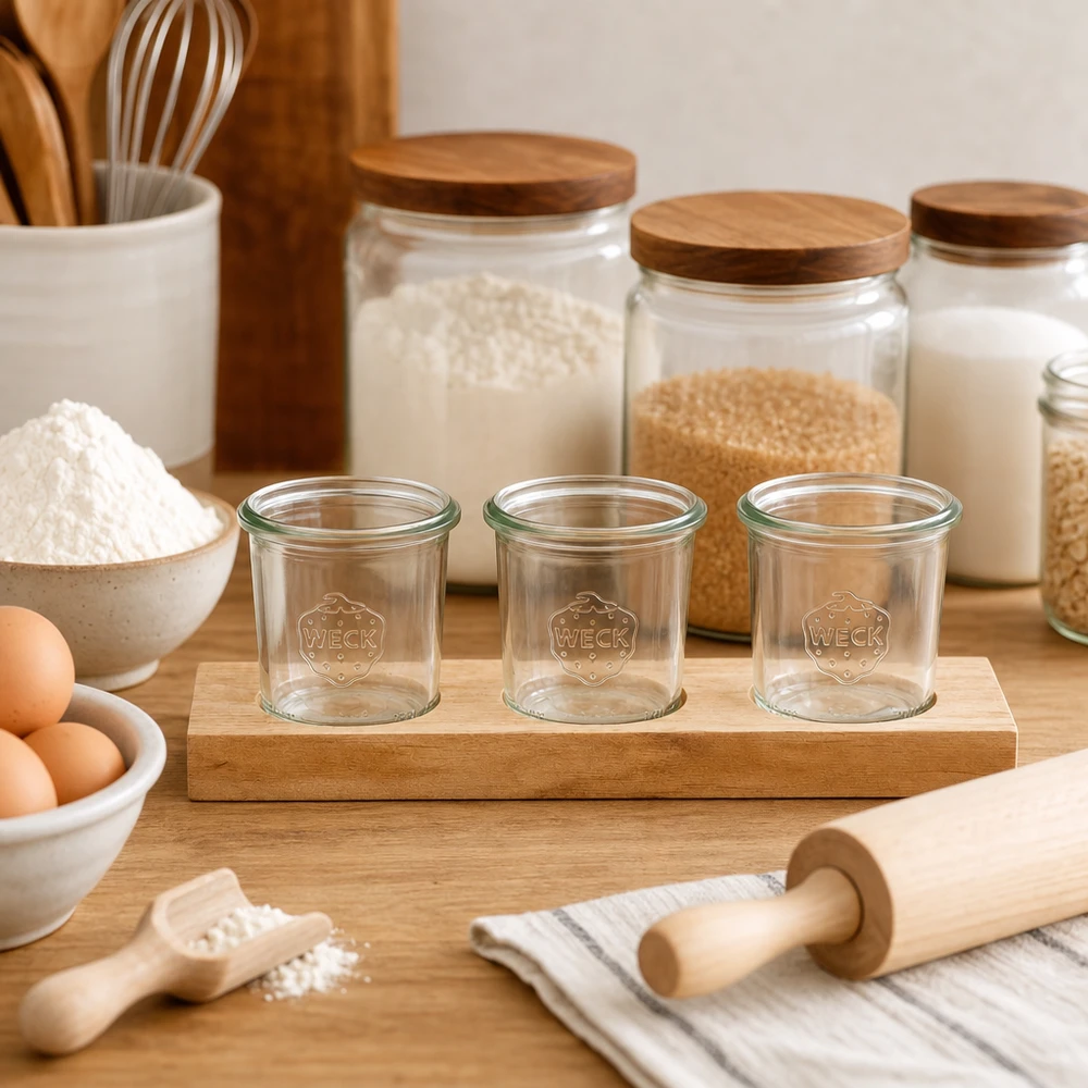 Tagliere Plano3 con 3 vasetti Weck da 140 ml Barattoli WECK vuoti da 140 ml su tavola di legno Plano3 in cucina con ingredienti da forno, farina, uova e mattarello per la cottura.