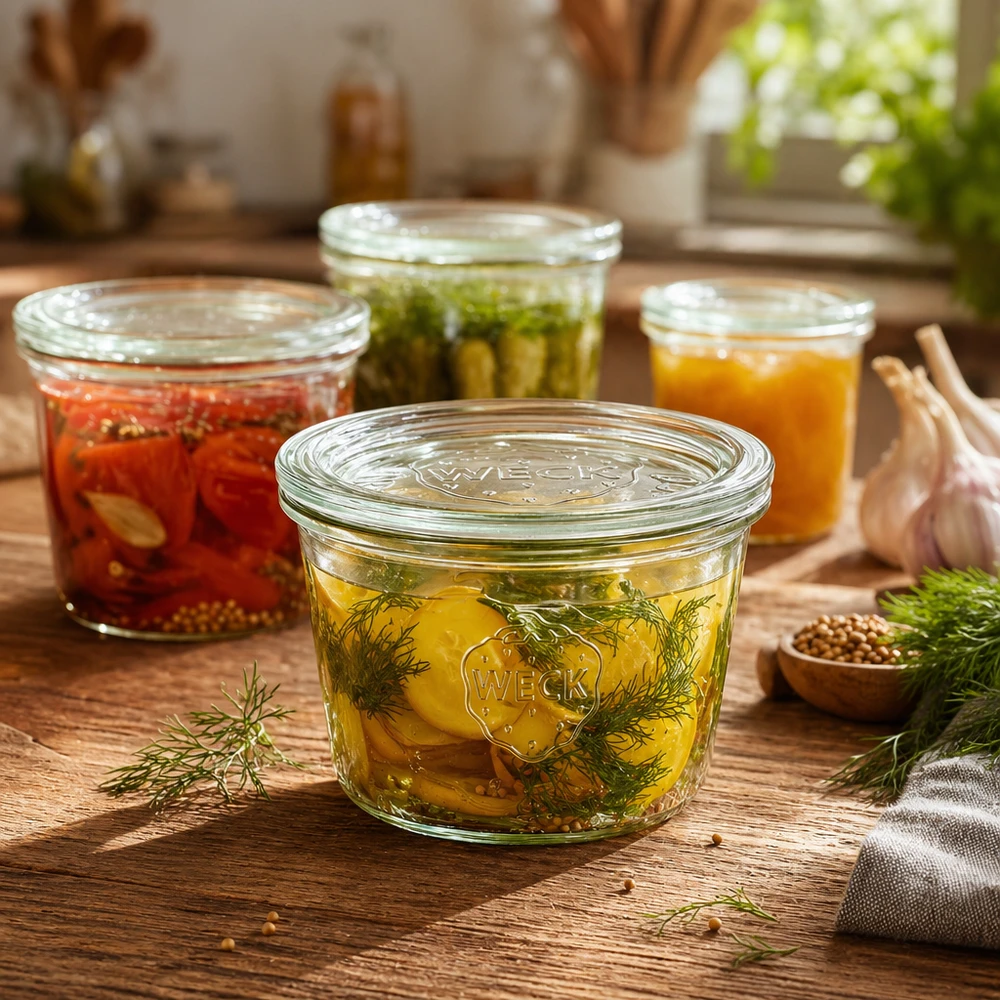Bocal en verre de 370 ml avec couvercle en verre WECK RR100 WECK Sturzglas 370ml RR100 gefüllt mit eingelegten Gurken und Dill neben weiteren Einmachgläsern auf Holztisch