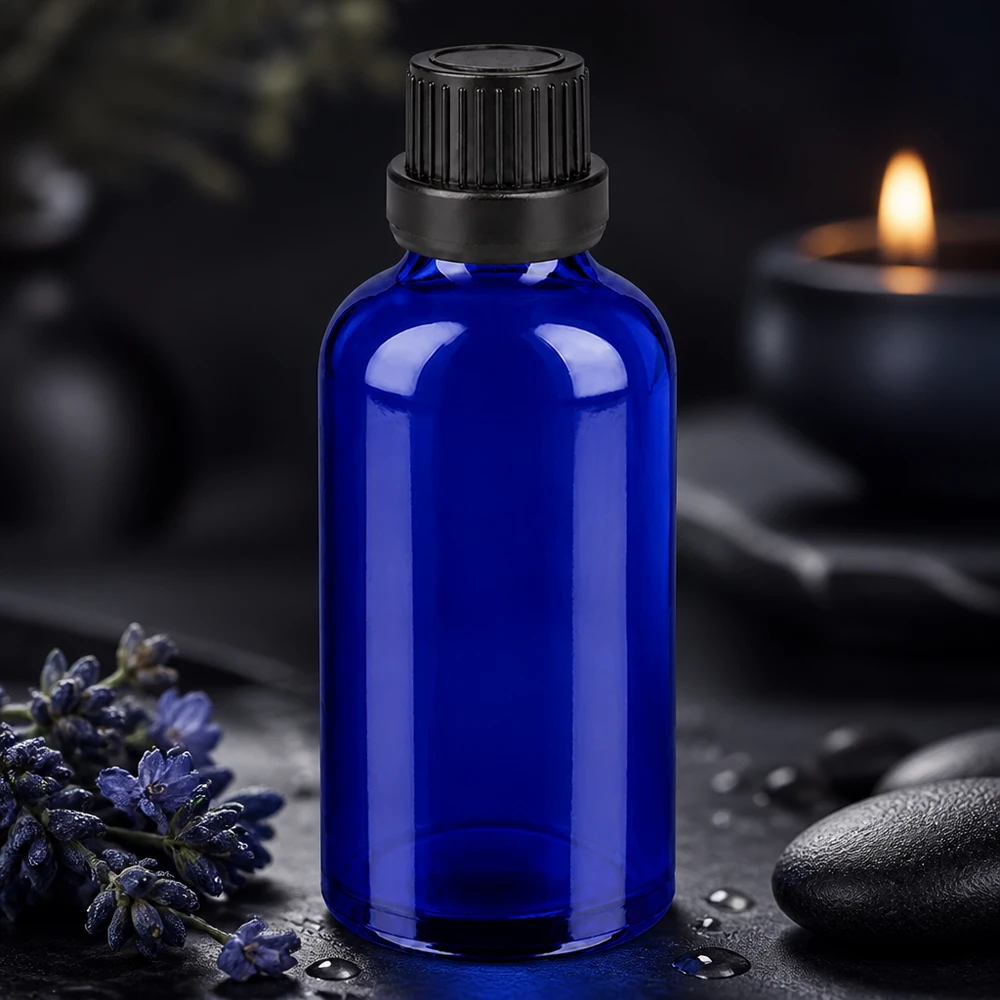 Piccolo e pratico flacone in vetro da 50 ml con tappo a vite nero, ideale per i viaggi e gli spostamenti.