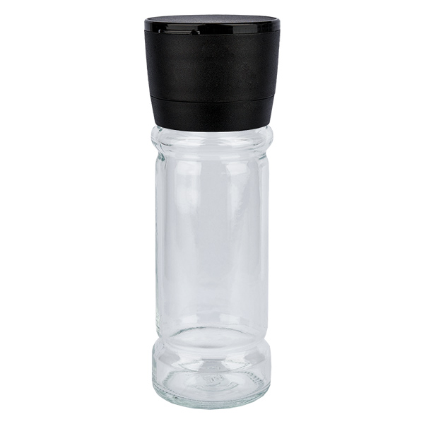 Barattolo per spezie in vetro trasparente da 100 ml con macinino in ceramica nera Barattolo per spezie in vetro trasparente da 100 ml con macinino in ceramica nera