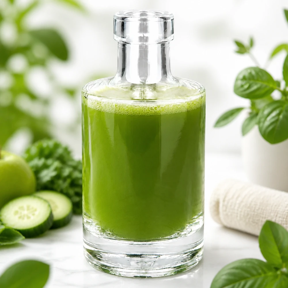 Bottiglia di vetro da 200 ml Marie riempita di frullato verde circondato da cetrioli e piante Stile di vita sano e nutriente