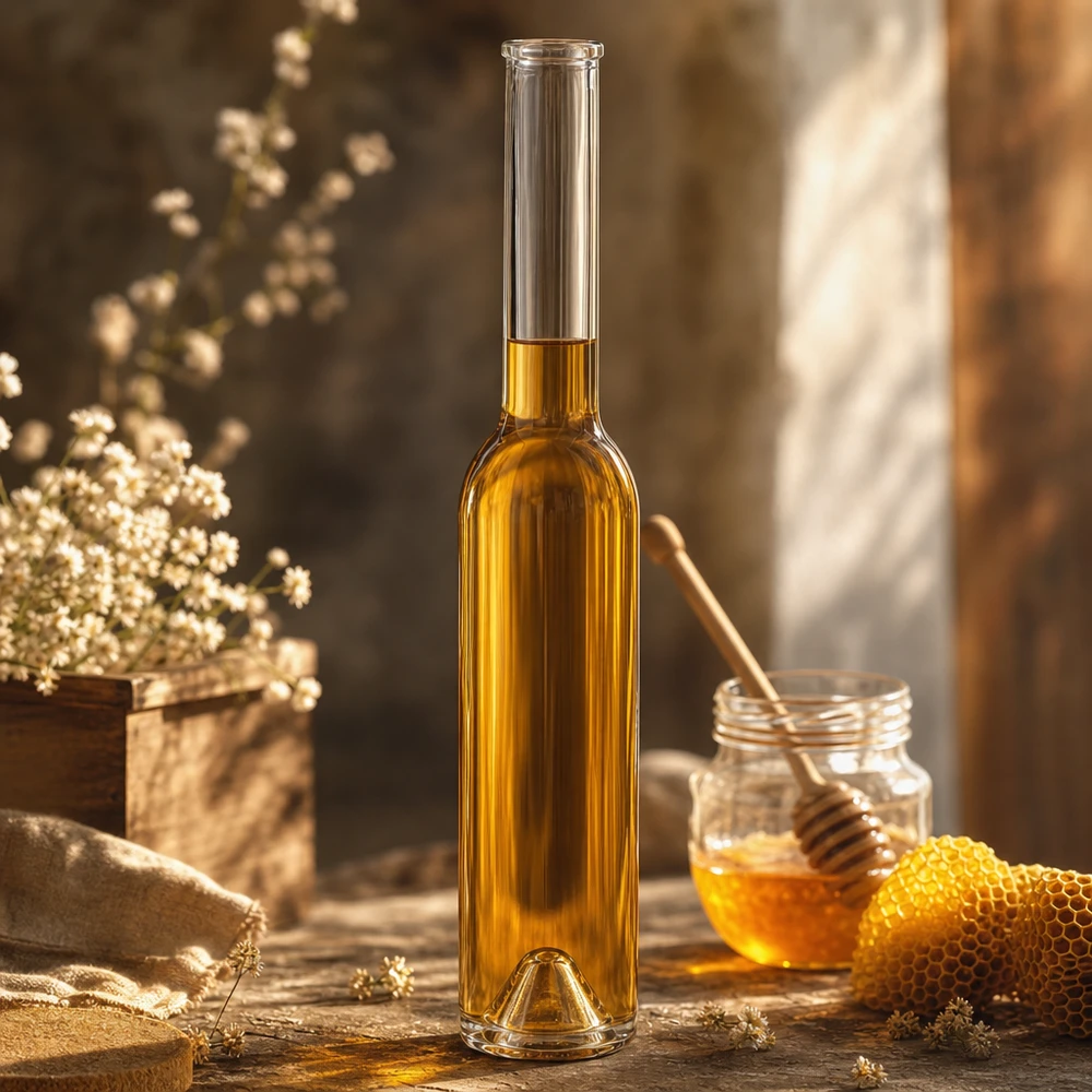 200ml Glasflasche Hugo mit Honig befüllt neben Bienenwabe und Honigglas rustikale Dekoration warmes Licht
