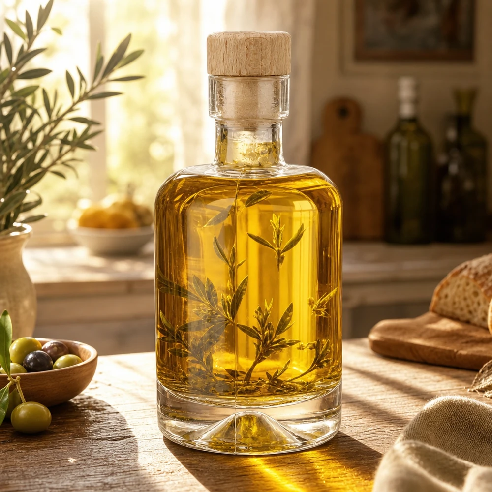 Bottiglia di vetro da 50 ml di Amelie riempita di olio d'oliva ed erbe aromatiche in una cucina mediterranea con olive e pane.