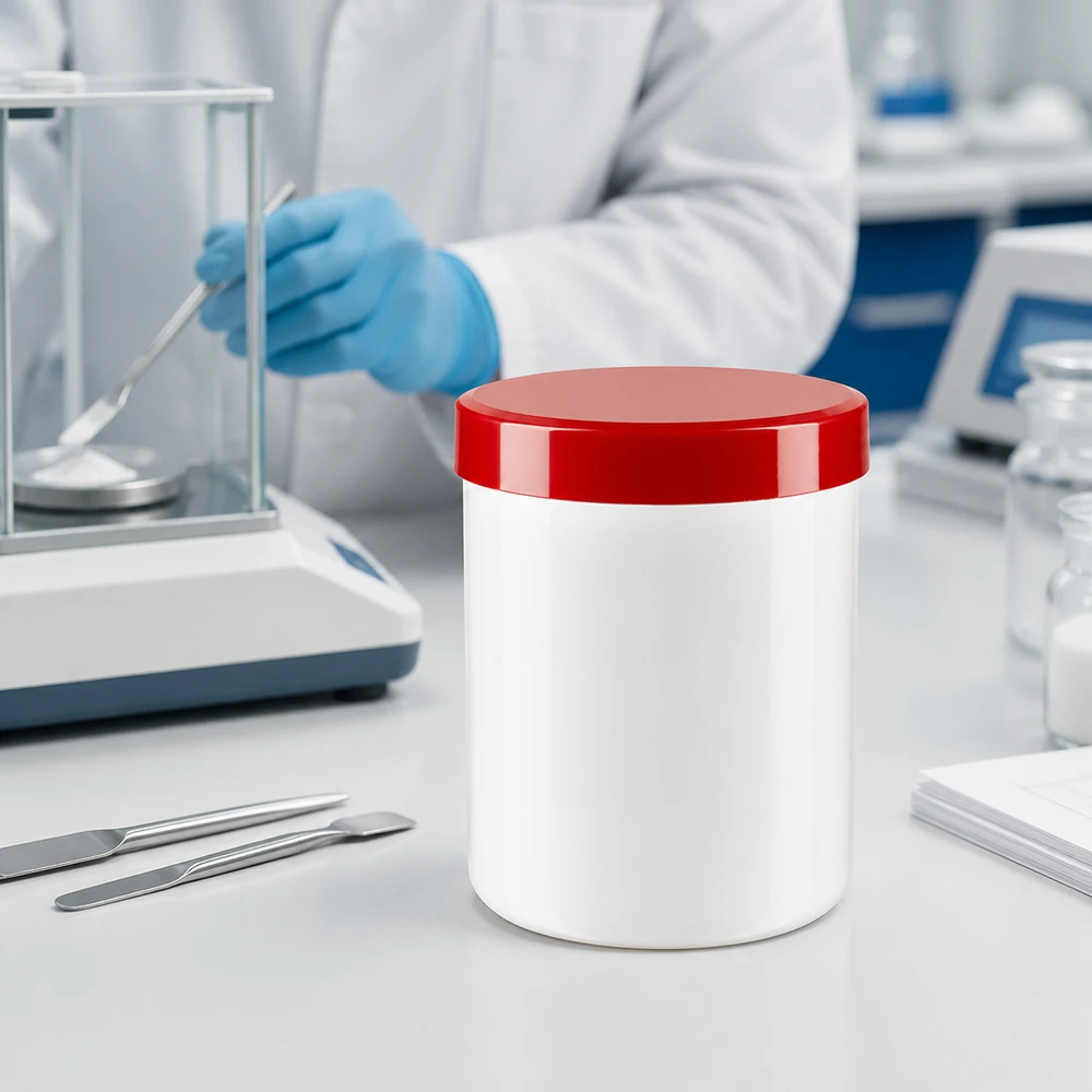 Pot à onguent blanc 100 g avec couvercle rouge (PP) Pot à pommade de 100 g, blanc, avec un couvercle à vis rouge, posé dans un laboratoire pharmaceutique