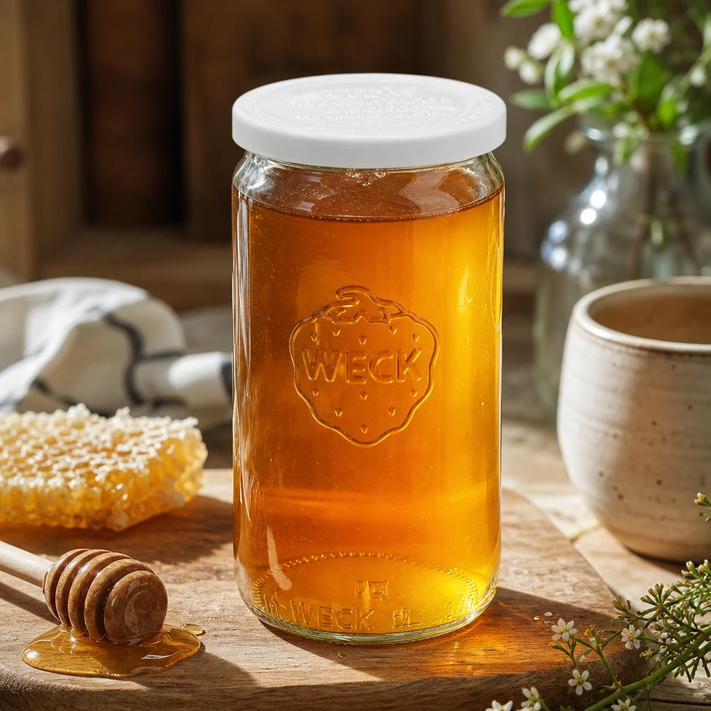 Barattolo cilindrico da 340 ml con coperchio salvafreschezza WECK RR60 Vaso cilindrico WECK da 340 ml riempito di miele e coperchio bianco di freschezza RR60 su tavolo di legno con cucchiaio da miele