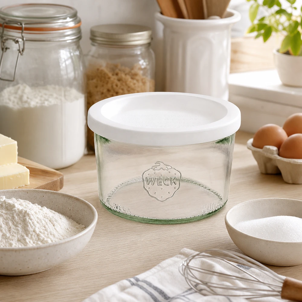 200ml Sturzglas mit Frischedeckel WECK RR80 WECK Sturzglas 200ml RR80 in ästhetischer Küche mit Backzutaten Mehl Eiern und Vorratsgläsern zum Backen