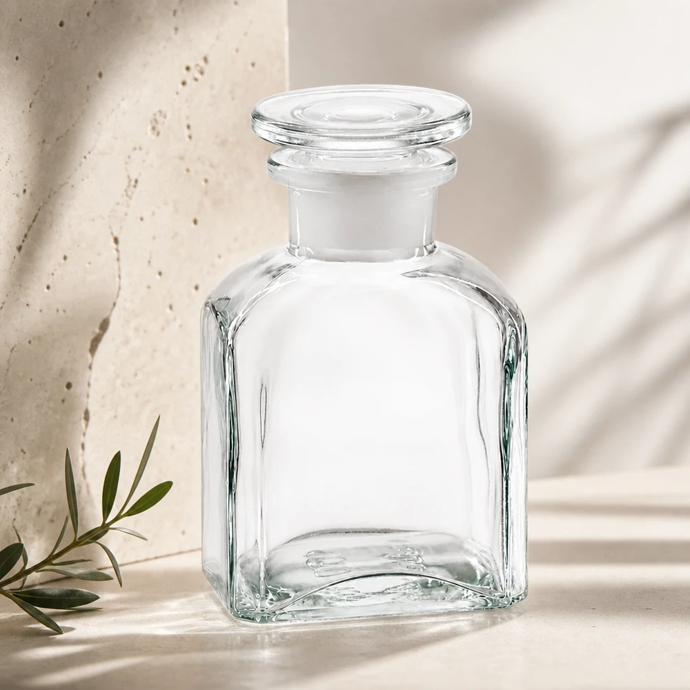 Bottiglia quadrata da 150 ml trasparente a collo largo con tappo in vetro Bottiglia quadrata da 150 ml a collo largo, trasparente, con tappo in vetro opaco, per decorazione e conservazione