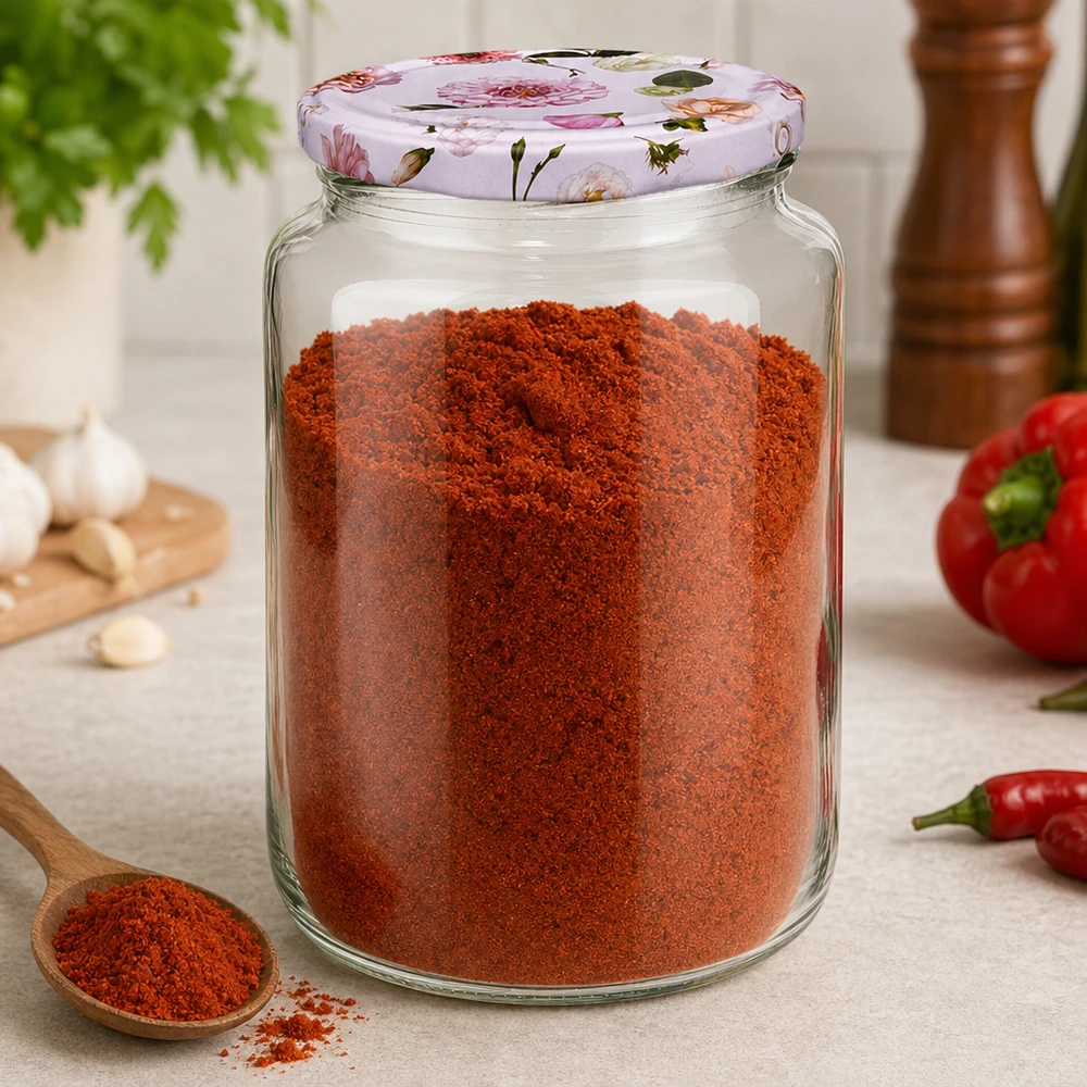 Barattolo rotondo da 795 ml pieno di paprika rossa in polvere Coperchio BasicSeal rosa motivo floreale barattolo per spezie cucina