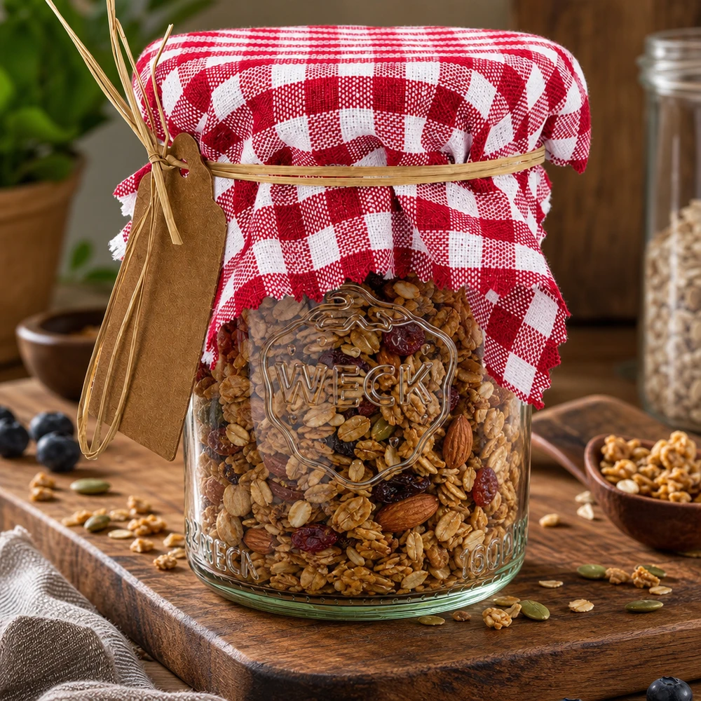 Centrino per gioielli in tessuto a quadretti bordeaux 12 cm quadrati Bordeaux-kariertes Schmuckdeckchen 12cm auf Weckglas mit Müsli-Mix als dekorative Geschenkverpackung