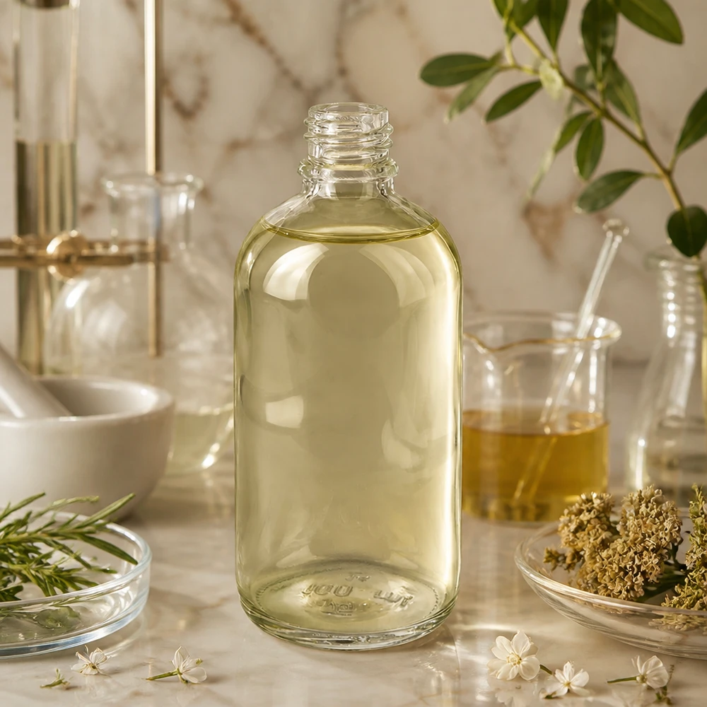 Flacon à pharmacie 100ml ClearLine DIN18 UNiTWIST Flacon de pharmacie ClearLine de 100 ml contenant une huile jaunâtre, posé parmi des herbes et du matériel de laboratoire en verre sur du marbre