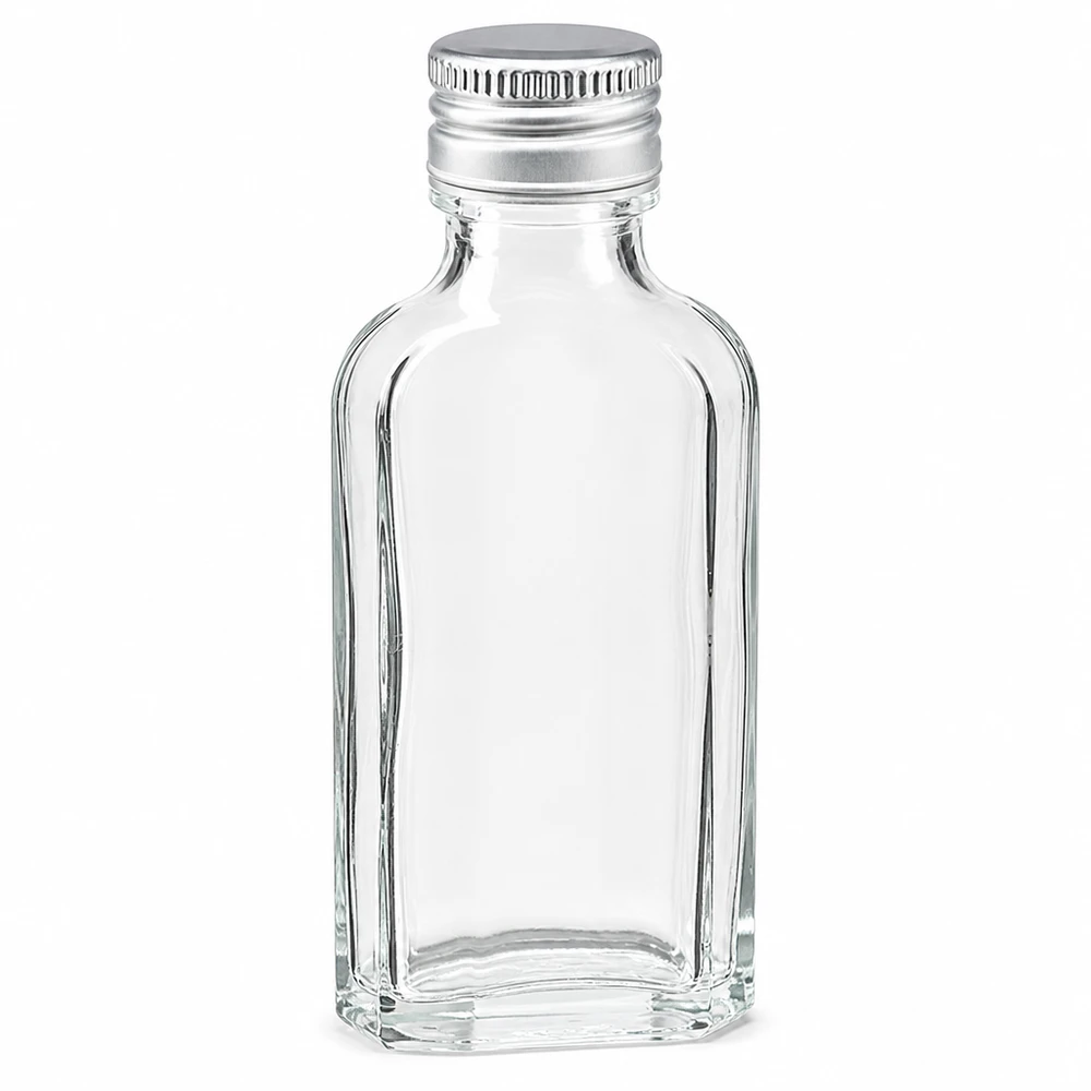 50 ml Meplat klar mit Alu Verschluss silber PP22 Leere 50ml Glasflasche Meplat mit silbernem Aludeckel PP22 für Proben und Gastgeschenke