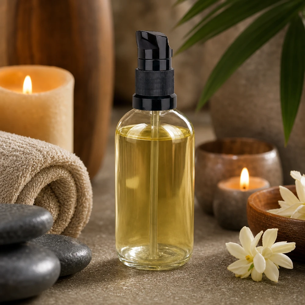 Flacone a pompa da 100 ml nero STD ClearLine UT18/100 Flacone in vetro trasparente da 100 ml con dosatore nero, olio da massaggio giallo chiaro, candele da spa, atmosfera, benessere