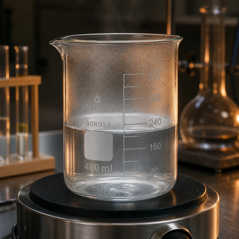 Bicchiere 400ml borosilicato, stampo basso UNiTWIST Bicchiere di vetro trasparente da 400 ml a forma bassa su un agitatore magnetico con un liquido limpido in laboratorio
