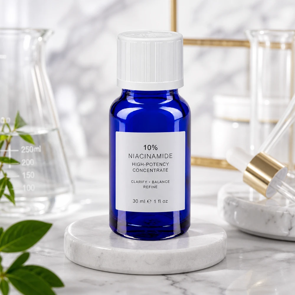 Apothekenflasche blau 10ml Tropfverschluss weiß Kindersicherung Standard 10ml blaue Dropper-Flasche aus Apothekerglas mit weißem KiSi-Deckel und goldfarbener Pipette daneben
