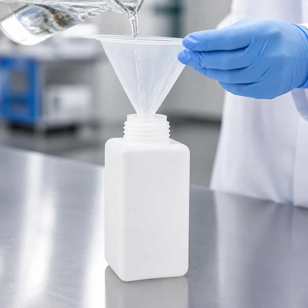 Flacon à produits chimiques 1500 ml à col large, PEHD couleur naturelle, GL 65 Transfert sûr de liquides à l'aide d'un entonnoir dans une bouteille robuste à col large en PE-HD de 1 500 ml destinée à une utilisation en laboratoire