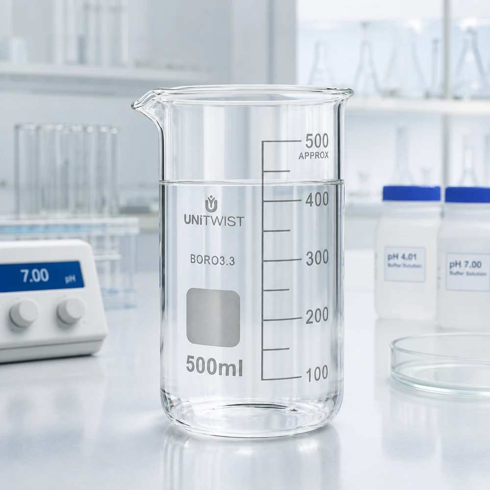 Bicchiere 500ml borosilicato, stampo alto UNITWIST Bicchiere di vetro vuoto da 500 ml, forma alta, in vetro borosilicato trasparente 3.3, accanto al pHmetro in laboratorio