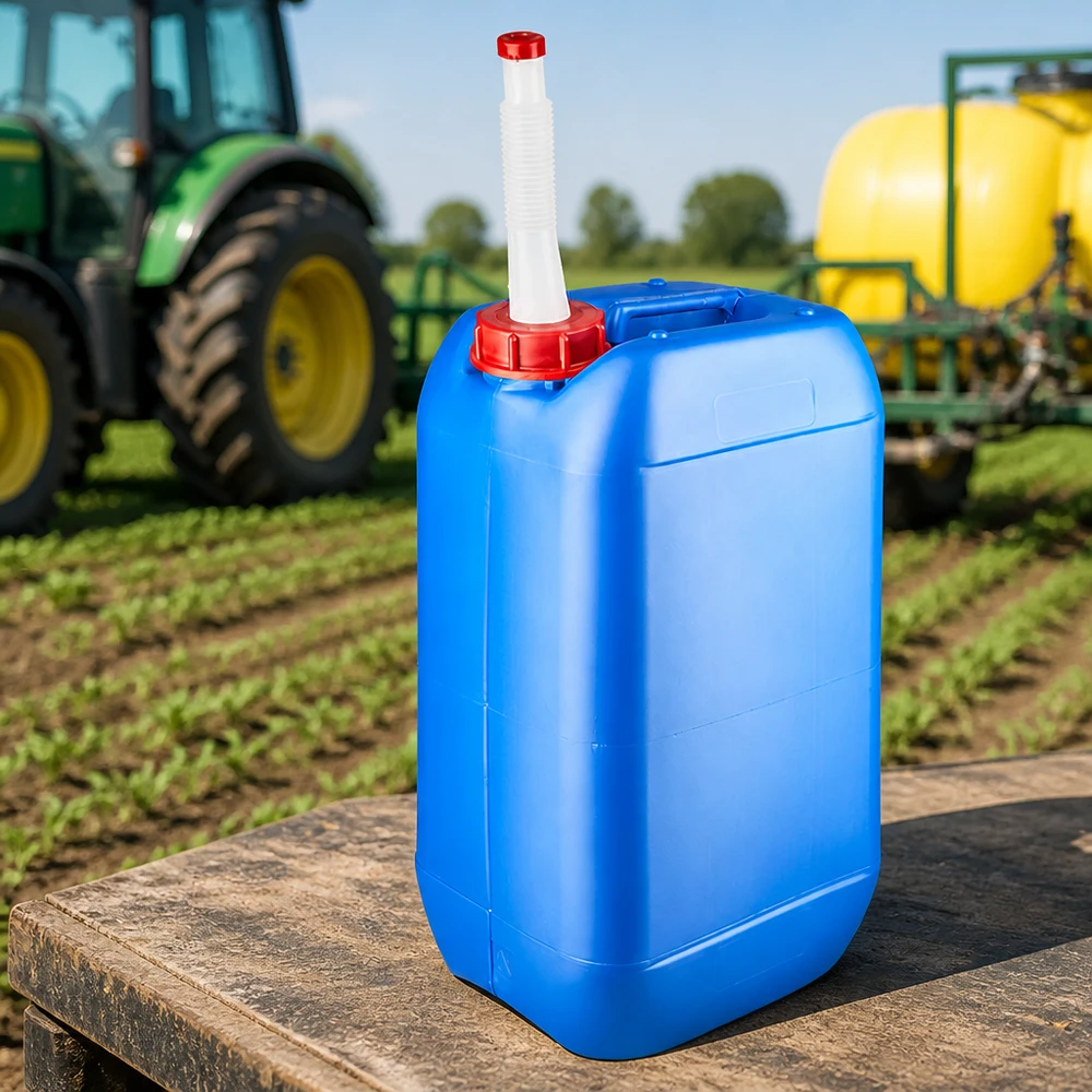 Kanister 15 Liter blau mit Auslaufrohr Flex Kanister 15 Liter mit UN-Zulassung blau und flexiblem Schlauchaufsatz auf Holzuntergrund