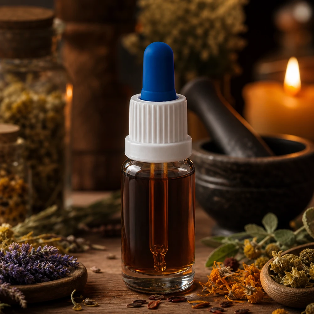 Flacone per pipette da 10 ml bianco/blu OV ClearL. UT18/10 Flacone con pipetta per aromaterapia da 10 ml in vetro trasparente con mortaio per erbe aromatiche e candela sullo sfondo