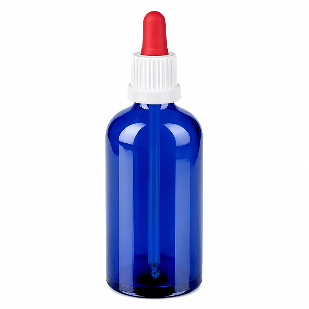 Flacon à pipette 100ml blanc/rouge OV BlueLine UT18/100 Flacon doseur professionnel de 100 ml en verre bleu avec système de pipette précis