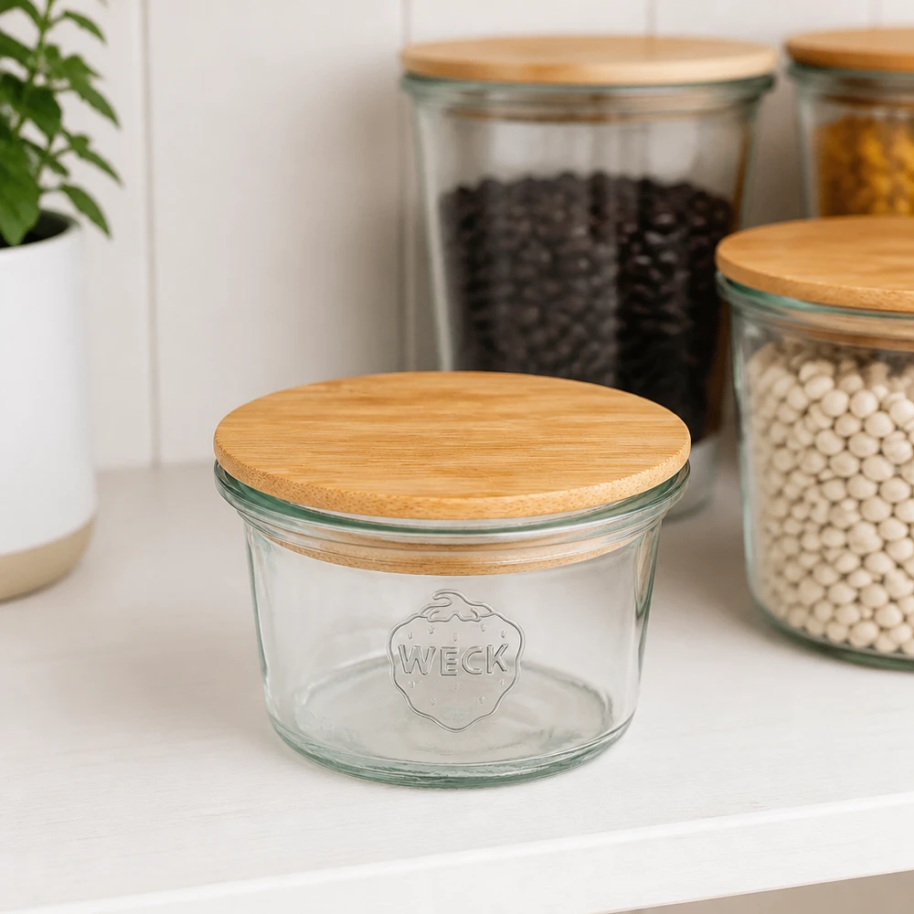 35ml Mini Sturzglas WECK RR40 mit Holzdeckel WECK Mini Sturzglas 35ml RR40 mit Bambus Holzdeckel in moderner Küche neben Vorratsgläsern mit Bohnen und Linsen