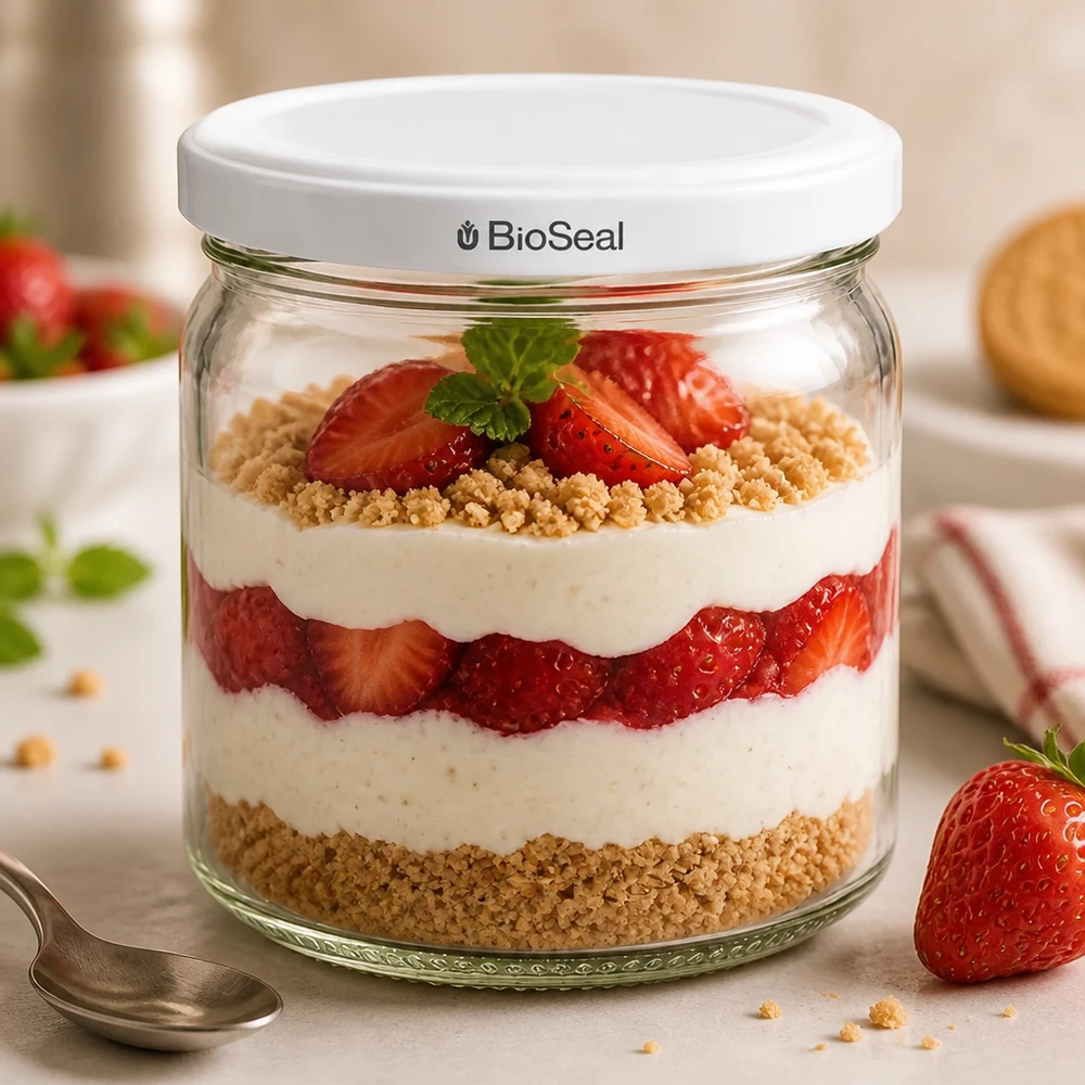408ml Rundglas mit BioSeal Deckel weiß UNiTWIST UNiTWIST Runda408 als Dessertglas mit Erdbeeren und Sahne - kreative Schichtdesserts im BioSeal Vorratsglas