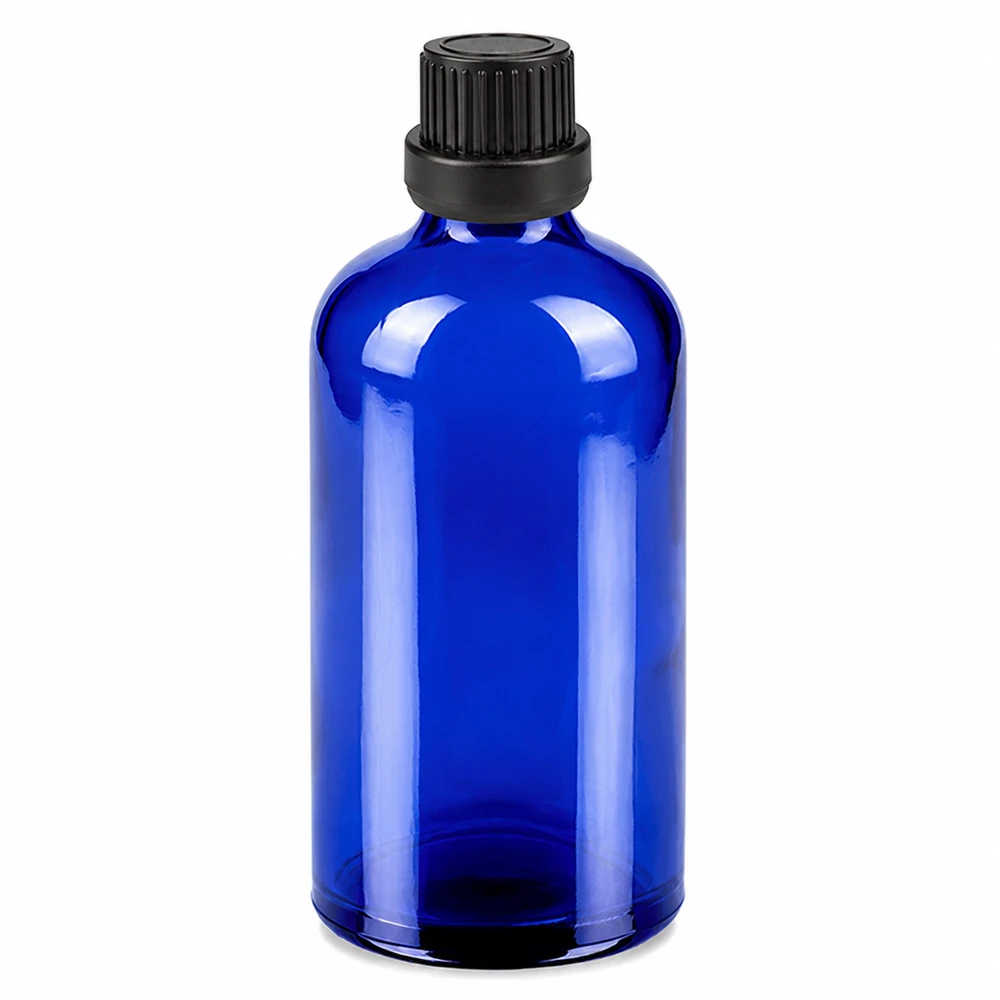 Flacone in vetro blu da 100 ml con tappo contagocce nero da 2 mm per cosmetici e oli essenziali