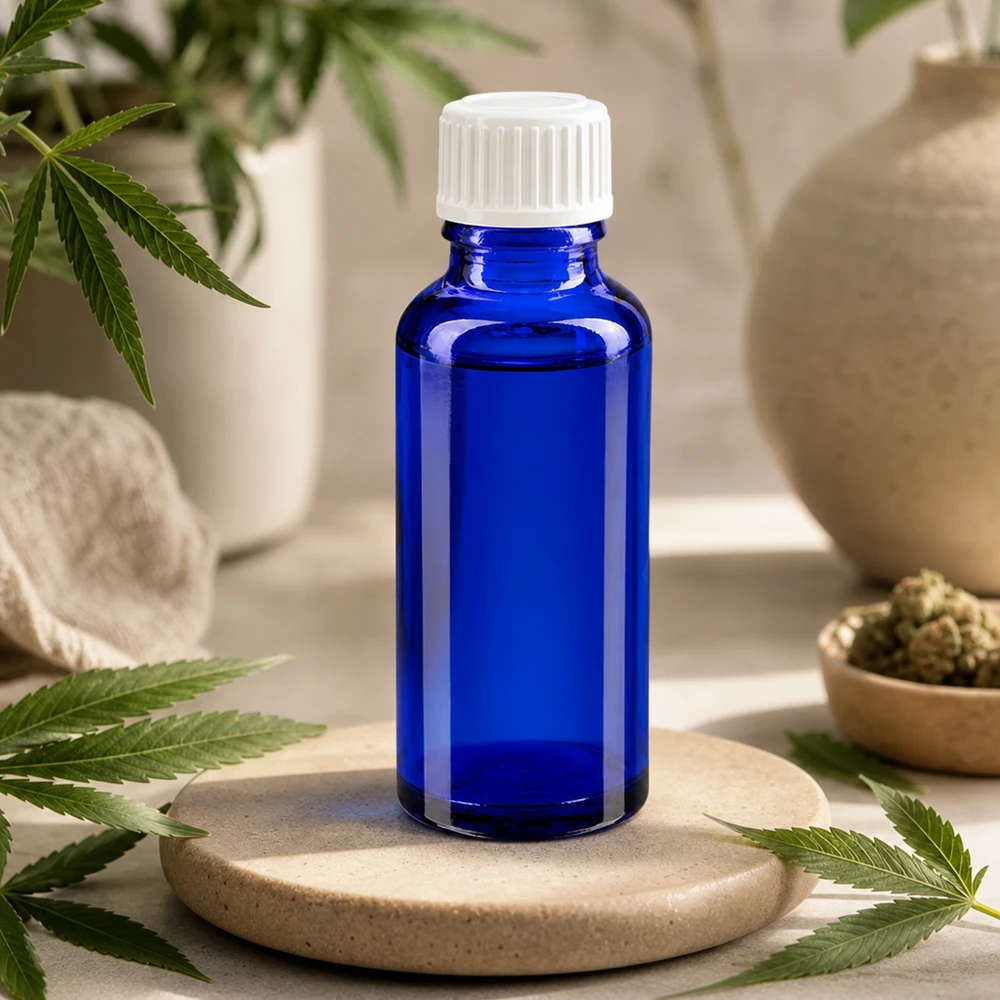 Apothekenflasche blau 30ml Schraubverschluss weiß Globuli Standard Blaue Medizinflasche 30ml GLO Standard auf Steinuntersetzer mit botanischen Hanfblättern dekoriert
