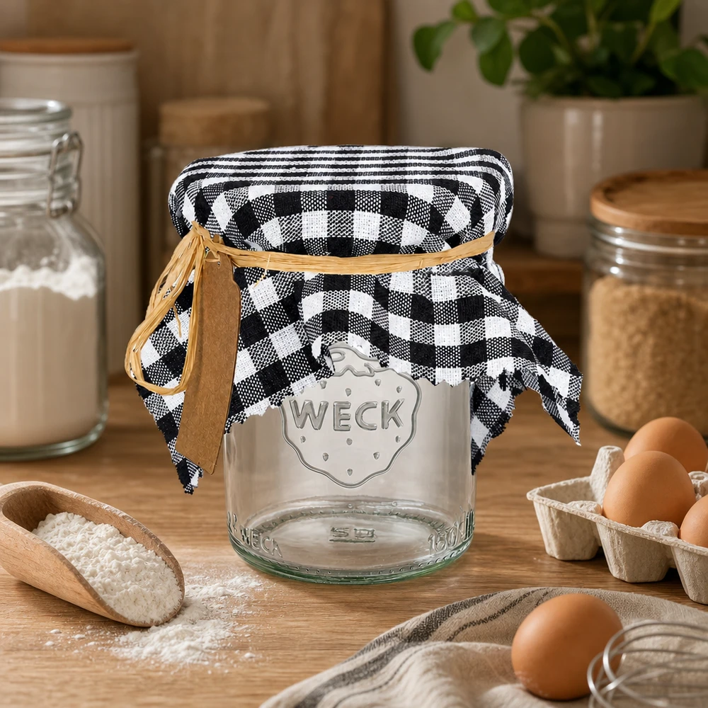 Centrino per gioielli in tessuto a quadretti neri 15 cm quadrati Centrino decorativo a scacchi neri con cinturino in pelle su barattolo WECK accanto a uova e farina in cucina rustica 15 cm quadrati