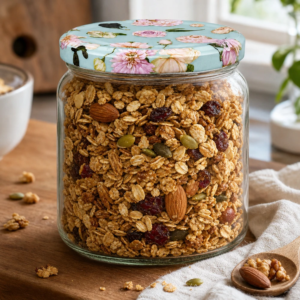 Barattolo rotondo da 425 ml con coperchio a forma di menta fiorita pieno di muesli e frutta secca - barattolo per la granola su tavola di legno