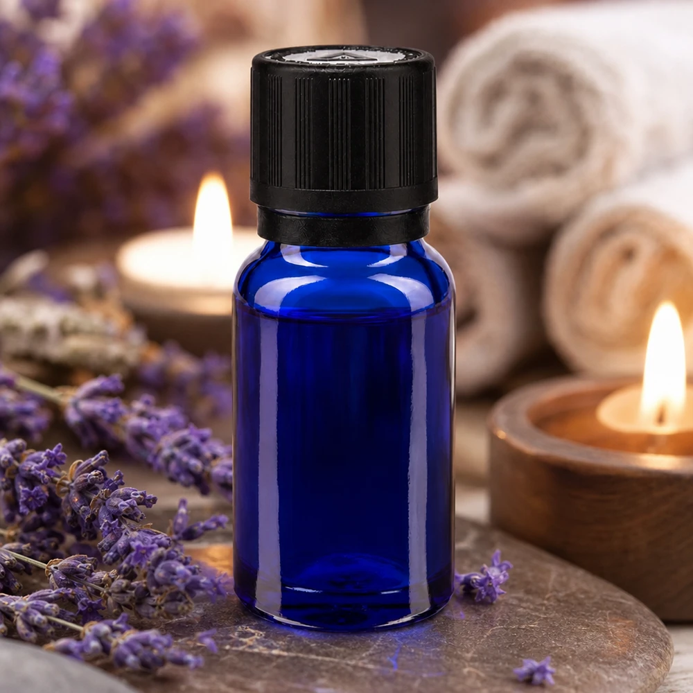 Apothekenflasche blau 10ml Tropfer Giessring 1mm schwarz Kindersicherung Blindenwarnsymbol Originalitätsverschluss Blaue Glasflasche 10ml mit Kindersicherung für Lavendelöl und ätherische Öle im Wellnessbereich