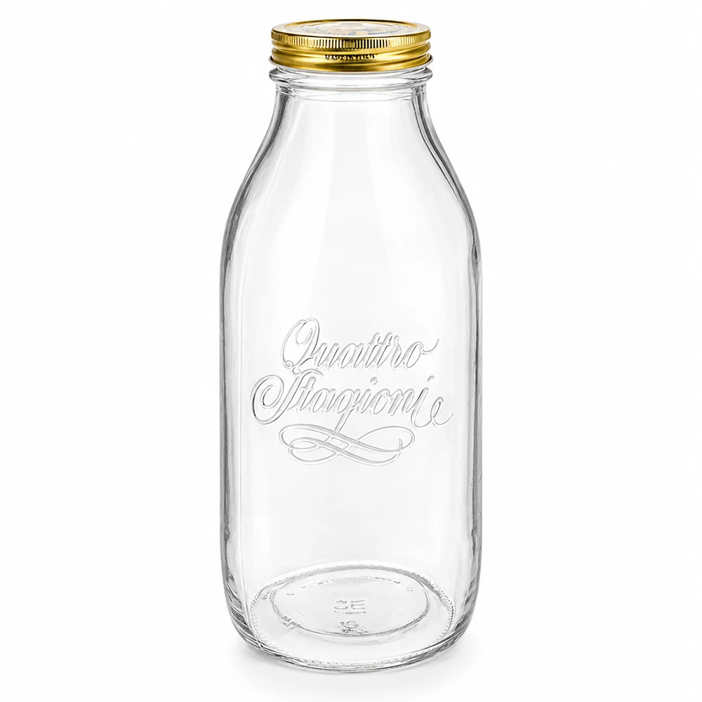 Bottiglia in vetro da 1000ml "Quattro Stagioni" con coperchio Bottiglia da 1000 ml in vetro Quattro Stagioni con tappo a vite dorato, trasparente con elegante scritta, design bottiglia di latte