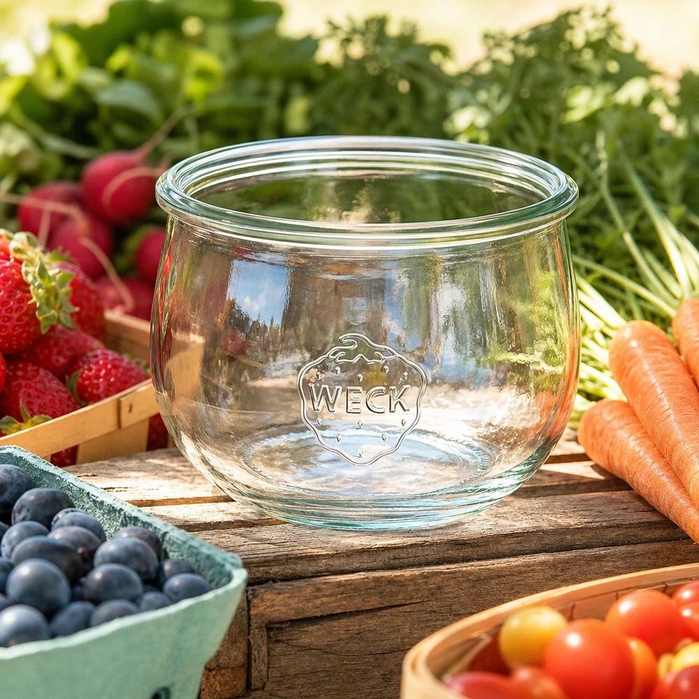 Vaso a tulipano WECK RR100 da 580 ml WECK vaso a tulipano 580ml RR100 vaso da conserva in vetro con logo circondato da frutta e verdura fresca su un tavolo di legno