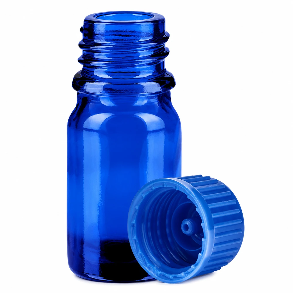 Pratico flacone blu da 5 ml con robusto tappo a vite per prodotti cosmetici