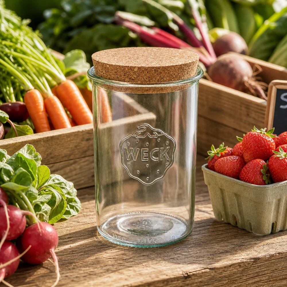 1000ml Sturzglas WECK RR100 mit Korken natur WECK Sturzglas 1000ml RR100 mit Korken zwischen frischem Gemüse und Erdbeeren natürliche Küchenszene Vorratsglas