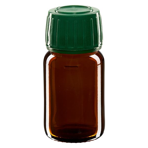 Flacone per medicinali da 30 ml marrone, tappo verde con originalità Flacone per medicinali da 30 ml marrone, tappo verde con originalità