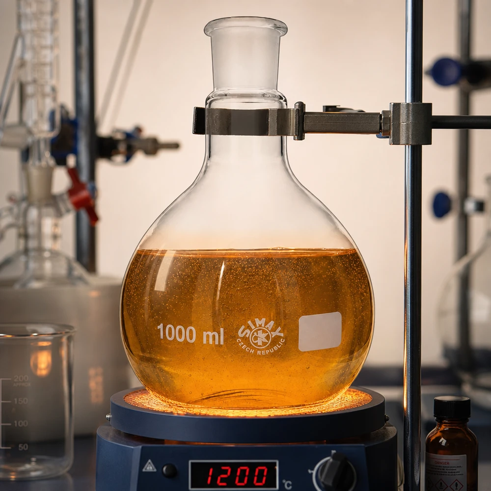Pallone da 1000ml con giunto standard smerigliato (29/32) Pallone riscaldato in vetro da 1000 ml con sostanza color miele e display digitale della temperatura 120°C