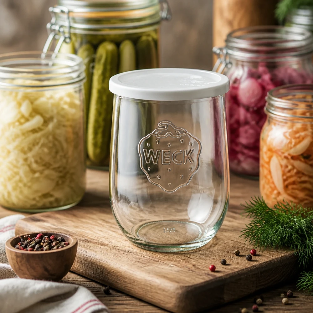 Vaso a tulipano WECK 1062ml RR100 vuoto con coperchio bianco su tavola di legno circondato da barattoli da conserva pieni di verdure e spezie
