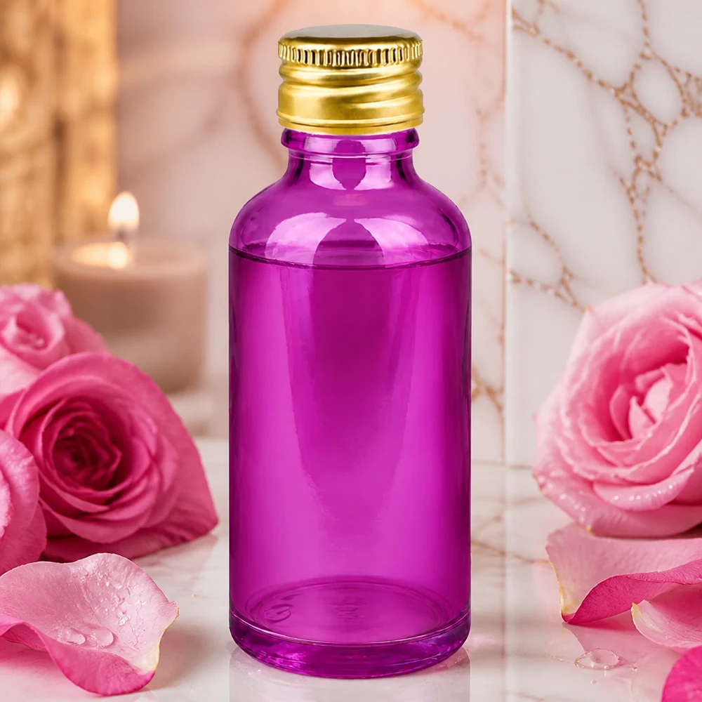 Piccolo flacone in vetro viola da 50 ml, perfetto per i formati da viaggio di profumi e oli essenziali
